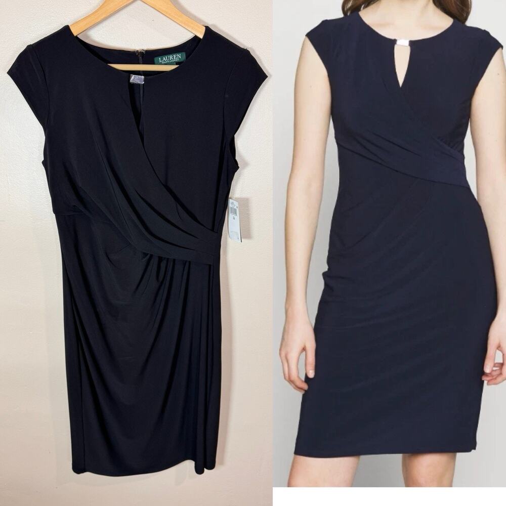 Lauren Ralph Lauren Womens Jersey Sheath Dress Black keyhole cap Sleeve 10